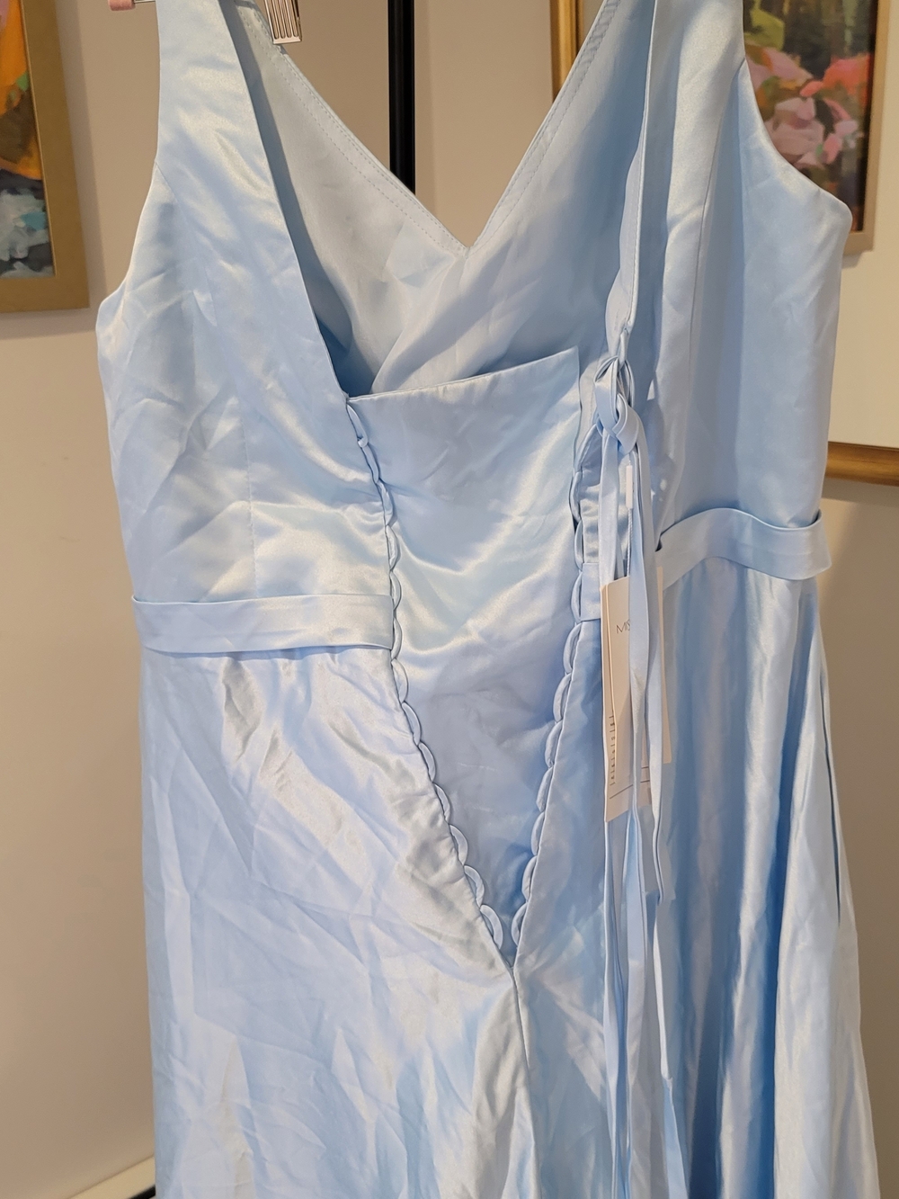 NWT MISS VEIL V Neck Satin Light Blue Gown Corseted Waist Tie Size 16 - Picture 5 of 12